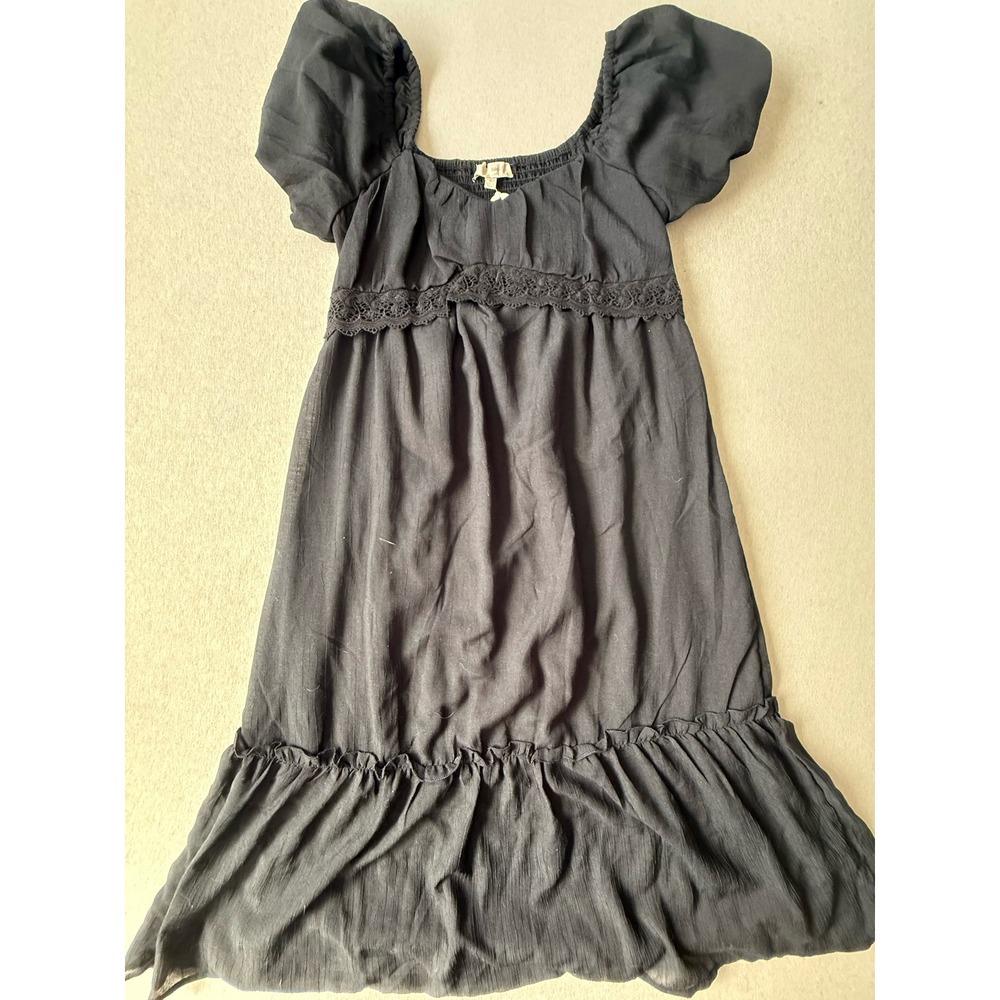 Indulge Instyle Black Lace Trim Puff Sleeve Smocked Midi Dress Medium NWT